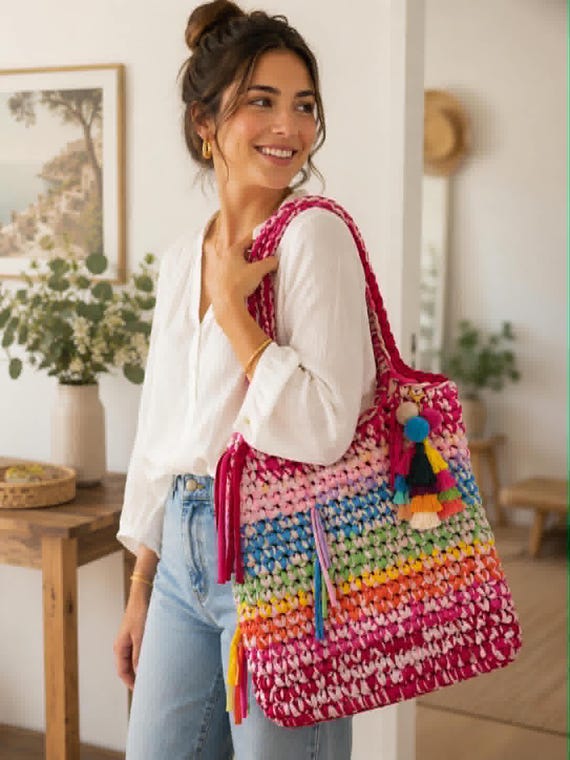 Crochet Shoulder Bag | Tote Bag | Rainbow Sorbet Twist | Reclaimed T Shirt Yarn