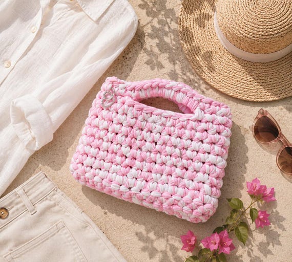 Crochet Clutch Bag | Handbag | Coconut Ice | Reclaimed T Shirt Yarn