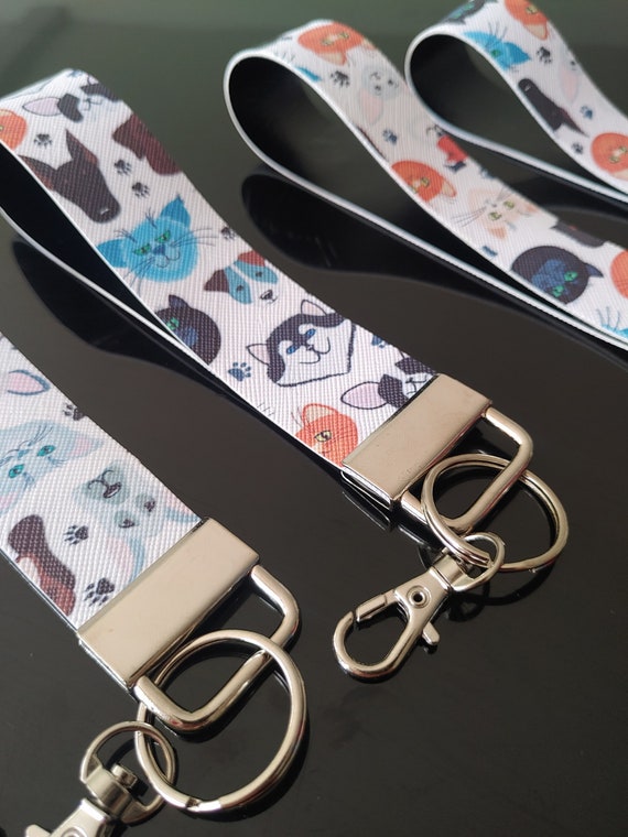 White Cats and Dogs Key Ring Fob Wristlet | Keychain | Wrist Lanyard | Faux Leather Material | Clasp