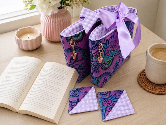 Purple Paisley Book Sleeve with Bow Closure | Matching Corner Bookmark | Book Protector | Handmade Book Cover | Kindle Sleeve