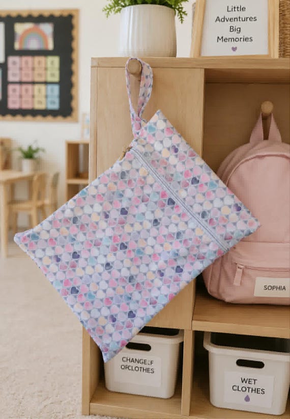 Waterproof Wet Bag | Swim Bag | Nappy Bag | Pastel Hearts Wet Bag | 26cm x 32cm