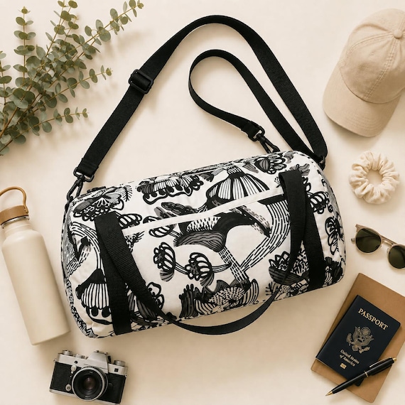 Black & White Botanical Weekender Bag | Travel Duffle | Carry On Bag | Handmade Overnight Bag