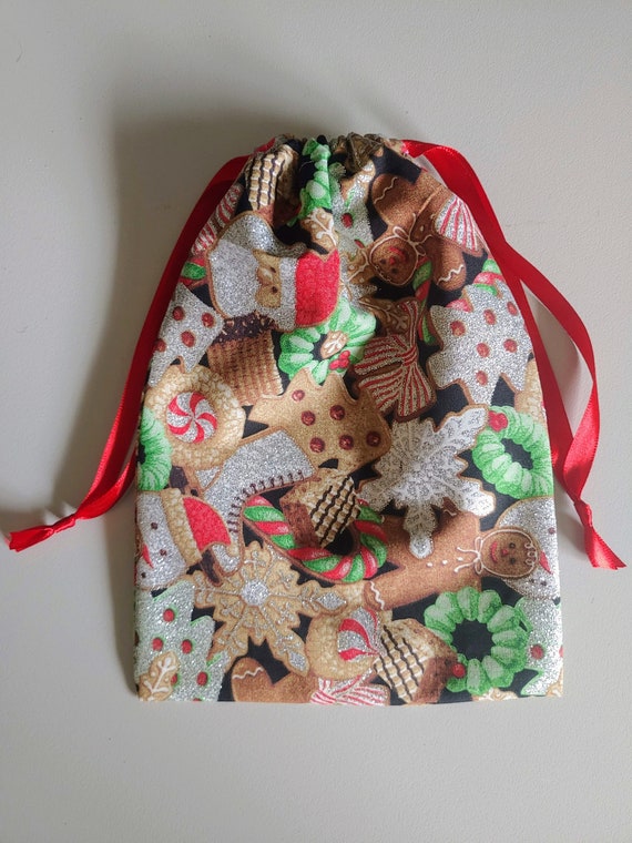 Glitter Gingerbread Drawstring Bag, Eco friendly Fabric Bag, Gift Bag, Reusable Bag