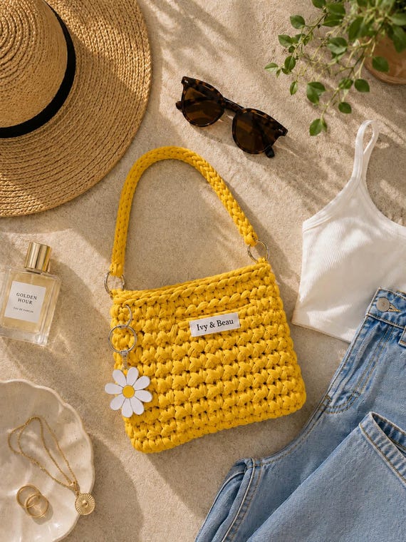 Crochet Shoulder Bag | Clutch Bag | Limencello Daisy | Reclaimed T Shirt Yarn