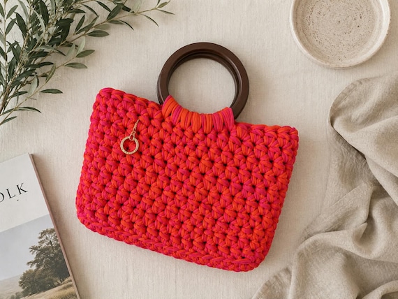 Handmade Crochet Bag | Wooden handles | Hot Pink & Orange