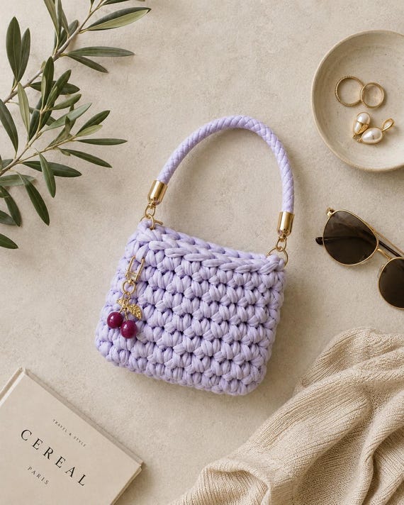 Crochet Mini Hand Bag | Snow White Cherry Red | Reclaimed T Shirt Yarn