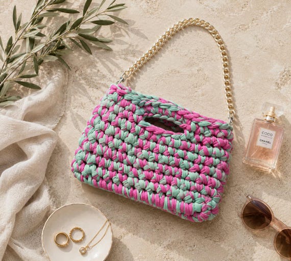 Crochet Clutch Bag | Handbag | Hot Pink & Lime Green | Reclaimed T Shirt Yarn