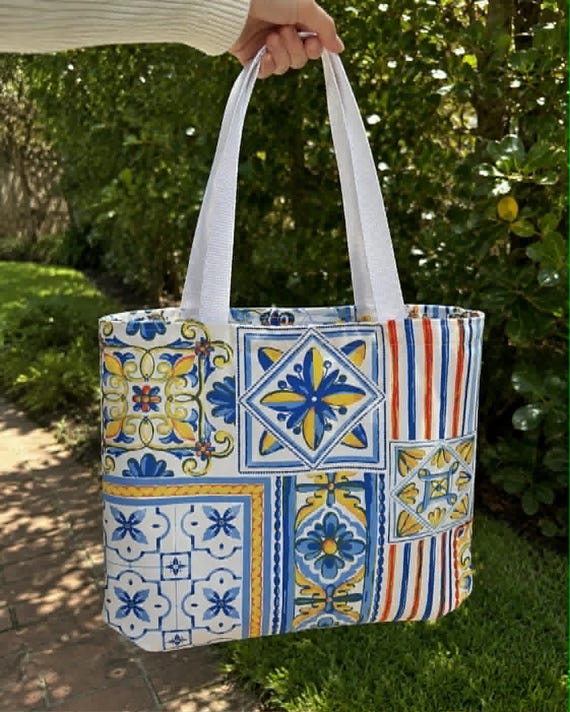 Mediterranean Tile Tote Bag | Shopping Bag | Amalfi Coast Inspired Waterproof Bag | Everyday bag