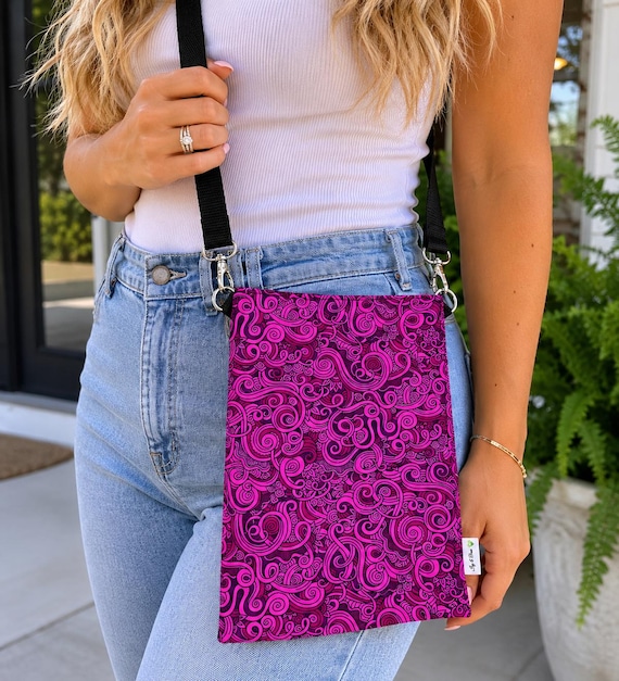 Pink Purple Swirl Crossbody Bag | Adjustable Strap Shoulder Bag | Handmade Fabric Travel Bag | Lightweight Everyday Purse