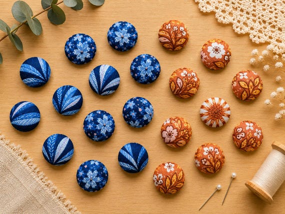 18mm Fabric Covered Buttons | Coastal Blues & Terracotta Botanical | Floral Leaf Sewing Buttons | Handmade Craft Buttons