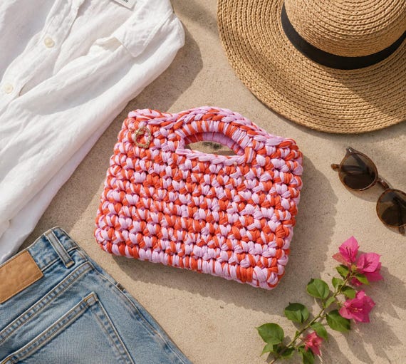 Crochet Clutch Bag | Handbag | Orange Candy Pink | Reclaimed T Shirt Yarn