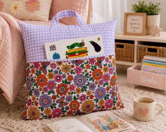 Floral Gingham Reading Pillow with Book Pocket & Handle | 18” Reading Cushion | Removable Washable Cover | Book Pillow | Book Lover Gift