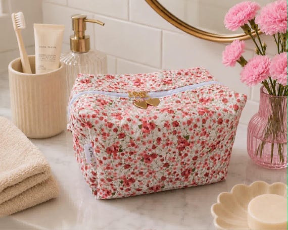 Pink Floral Boxed Toiletry Bag | Pink Makeup Bag | Double Zip Cosmetic Case | Heart Zip Pull | Handmade Travel Organiser