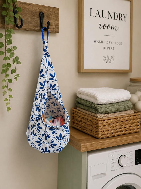 Waterproof Peg Bag – Blue White Mediterranean Tile Print Laundry Holder