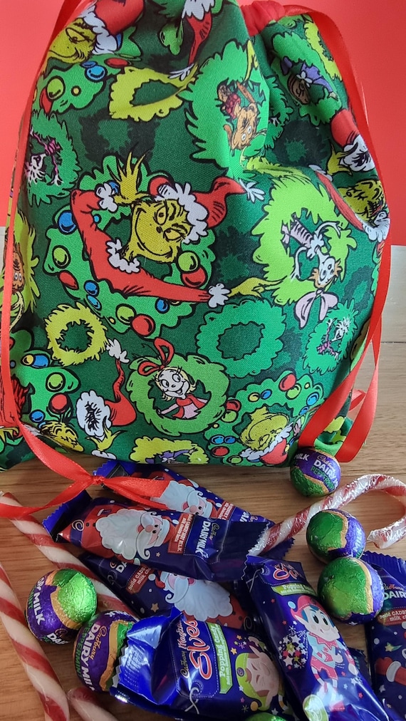 Christmas Grinch Fabric Drawstring Bag | Eco friendly Fabric Bag | Gift Bag | Reusable Bag | Gift Wrap | Wrapping Paper | Fully Lined
