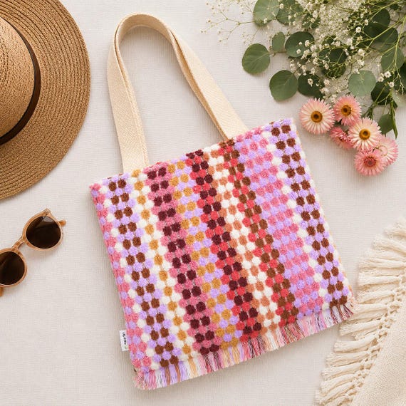 Pink Check Towel Tote Bag | Handmade Boho Market Bag | Pink Check Fringe Bag | Gingham Tote