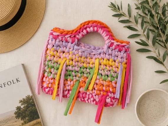 Crochet Clutch Bag | Handbag | Boho Rainbow Twist | Reclaimed T Shirt Yarn