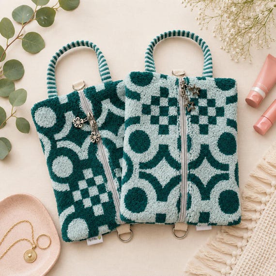 Sage Green Toiletry Bags | Star or Floral Zip | Waterproof Travel Pouch | Hanging Toiletry Bag | Geometric Towel Cosmetic Bag