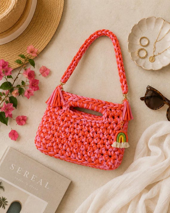Crochet Clutch Shoulder Bag | Handbag | Boho Sunset | Reclaimed T Shirt Yarn