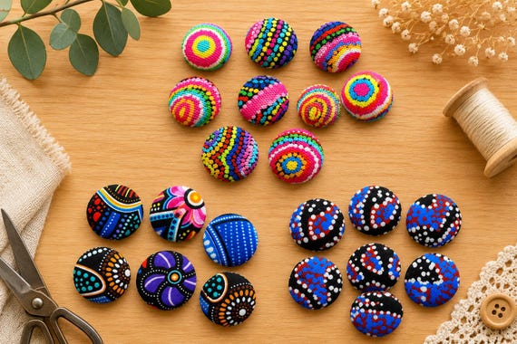 Colourful Fabric Covered Buttons – 22mm | Australian Art Inspired Dot and Pattern Buttons | Sewing & Craft Buttons | Sets of 6 or 8