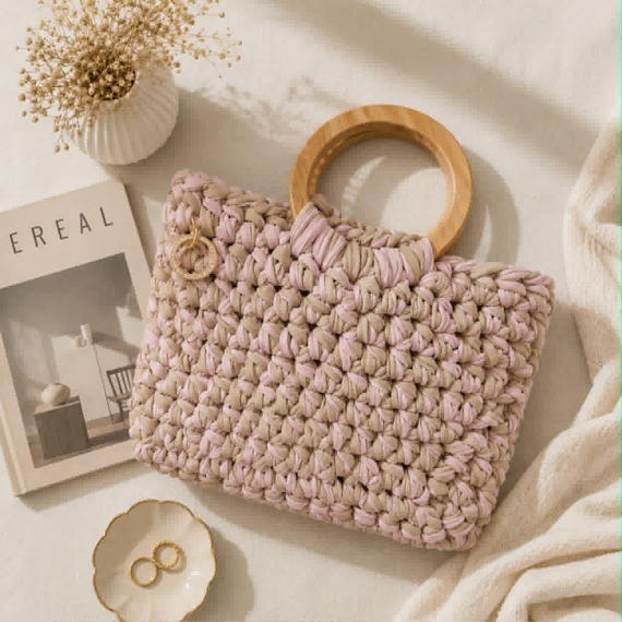 Handmade Crochet Bag | Wooden handles | Soft Pink Latte | Reclaimed T Shirt Yarn