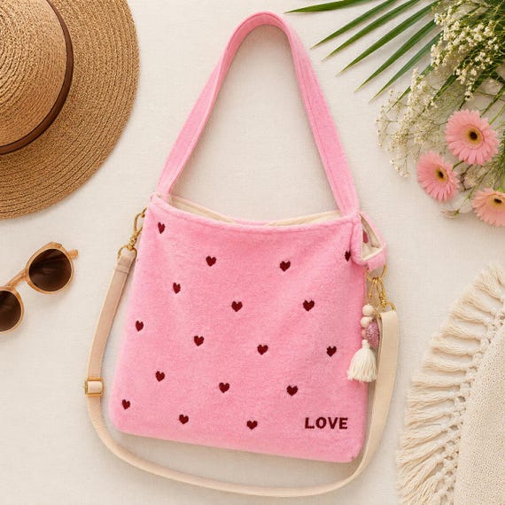 Pink Heart Tote Bag | Handmade Terry Cloth Bag | Adjustable Crossbody Strap + Top Handles | Velvet Lined | Magnetic Closure