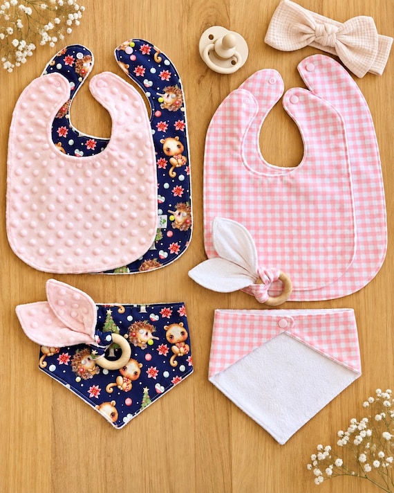 Reversible Baby Bibs | Wooden Bunny Ear Teething Ring | Classic, Toddler & Bandana Bib Styles | Christmas Woodland or Pink Gingham