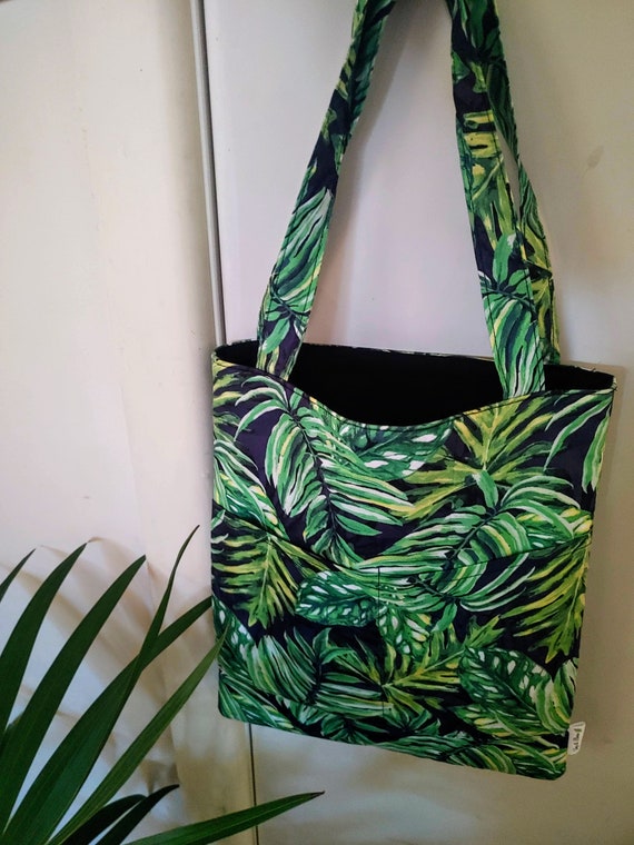 Shoulder Tote Bag | Green Palms | Fully Lined | Padded | Pockets