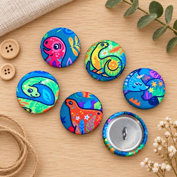 Dinosaur Fabric Covered Buttons Set of 6 – 22mm Colourful Dinosaur Buttons – Kids Sewing & Craft Supplies