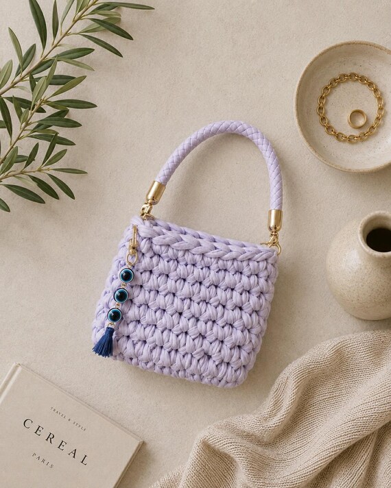 Crochet Mini Hand Bag | Snow White Colbalt Blue | Reclaimed T Shirt Yarn