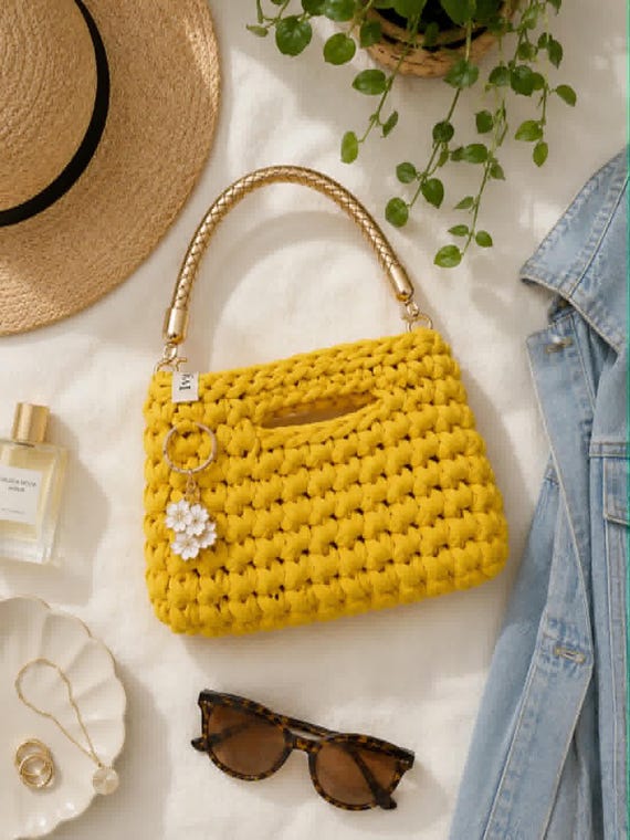 Crochet Mini Clutch Bag | Handbag | Limencello Daisy | Reclaimed T Shirt Yarn