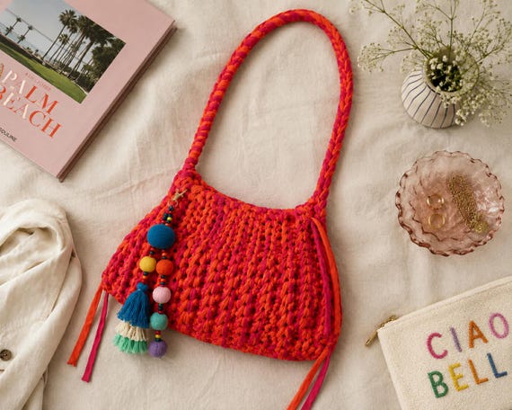 Crochet Clutch Shoulder Bag | Handbag | Boho Orange Twist | Reclaimed T Shirt Yarn