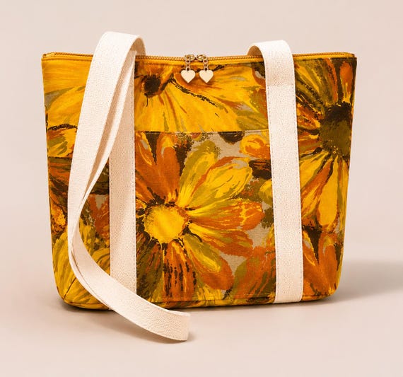 Vintage 70s Sunflower Tote Bag | Retro Floral Tote | Handmade Boho Shoulder Bag | Fully Lined Zip Tote | Groovy Flower Power Bag