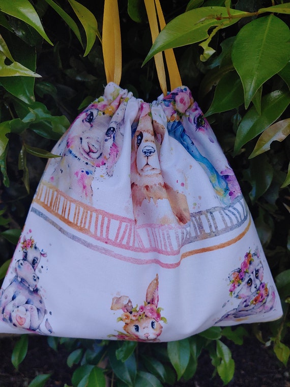 Pastel Baby Animals Floral Fabric Drawstring Bag, Eco friendly Fabric Bag, Gift Bag, Reusable Bag