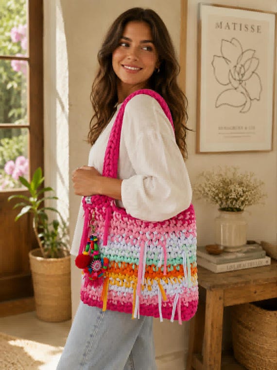 Crochet Shoulder Bag | Tote Bag | Boho Rainbow Sorbet Twist | Reclaimed T Shirt Yarn