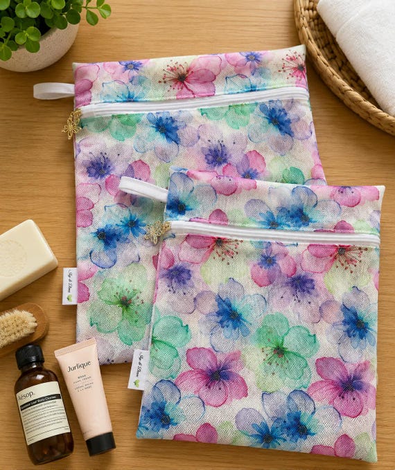 Pink Floral Mesh Wash Bag – Lingerie & Delicates Laundry Bag, Reusable Travel Organiser, Two Sizes, Handmade Australia
