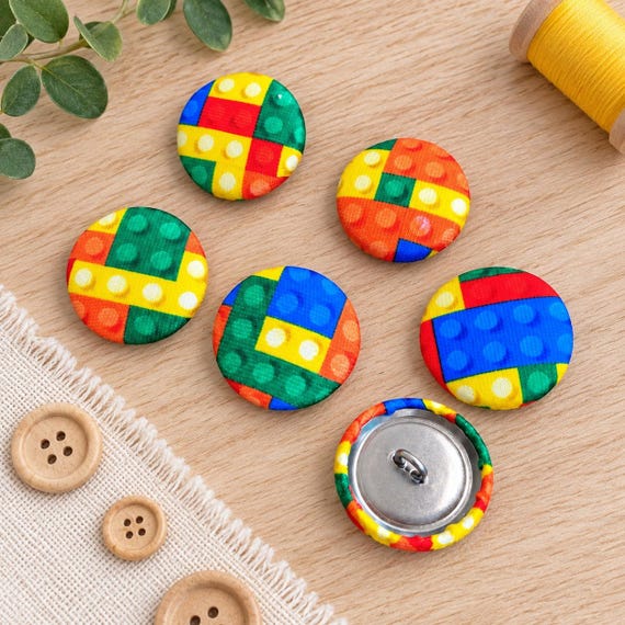 Building Brick Fabric Covered Buttons – 12mm or 22mm – Set of 6 – Colourful Sewing Buttons
