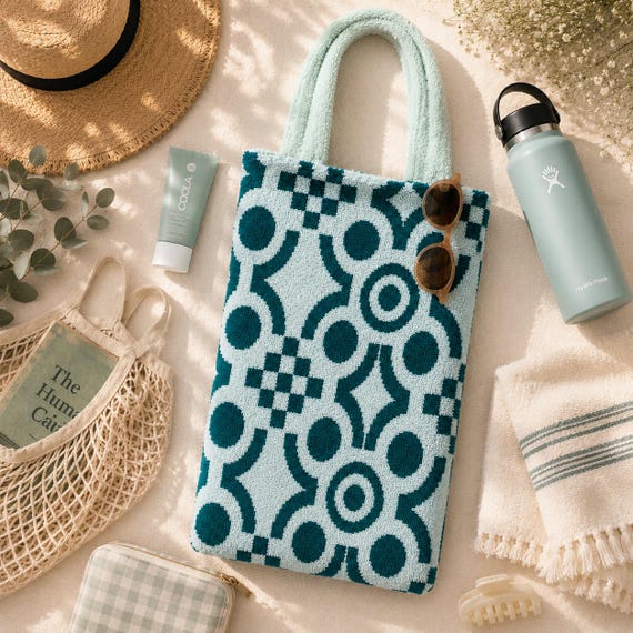 Terry Towelling Tote Bag | Sage Green Towel Tote | Beach Bag | Pool Bag | Soft Cotton Shoulder Bag | Reusable Everyday Tote