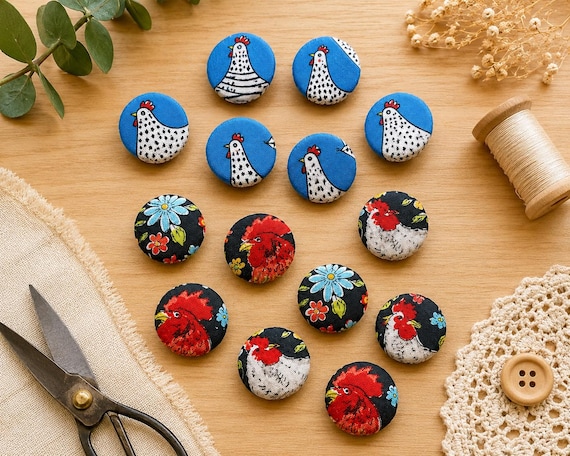 Chicken Fabric Covered Buttons – Handmade Sewing Buttons – Rooster & Hen Buttons – Farmhouse Craft Buttons – Chicken Lover Gift