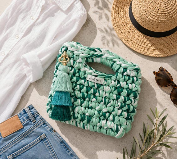 Crochet Clutch Bag | Handbag | Emerald & Mint Green | Reclaimed T Shirt Yarn
