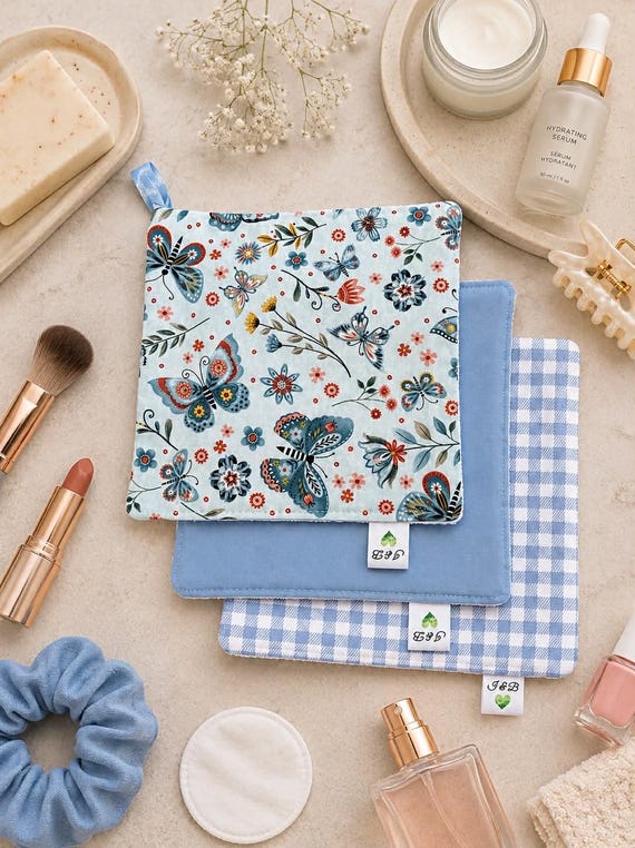 Reusable Makeup Remover Cloths Set of 3 | Blue Butterfly Floral | Microfibre Face Cloths | Washable Facial Wipes | Reusable Beauty Cloths