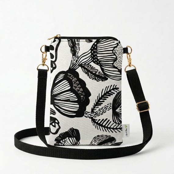 Black & White Floral Crossbody Bag | Handmade Adjustable Shoulder Purse | Lightweight Everyday Travel Bag | Monochrome Handbag