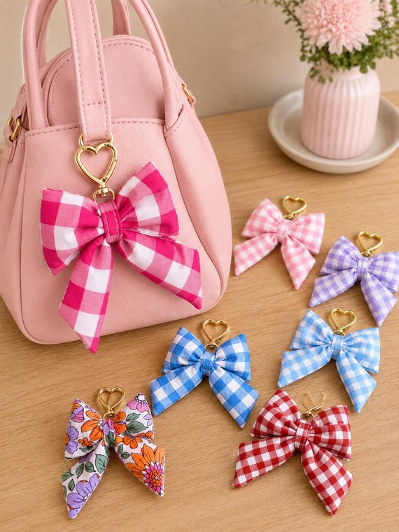 Gingham Puffy Bow Keyring Bag Charm | Gingham & Floral 3D Fabric Bow | Teacher Gift | Stocking Filler | Cute Handmade Keychain