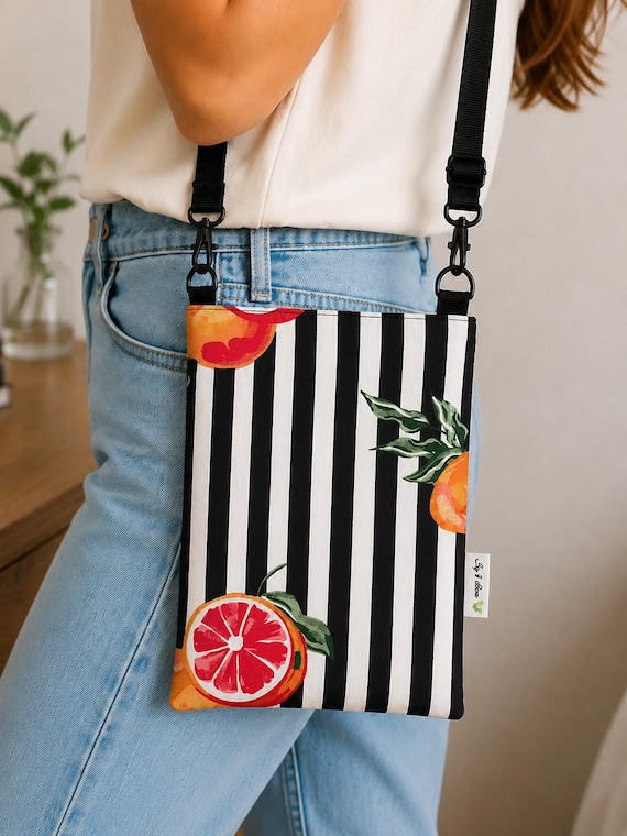 Black White Stripe Citrus Crossbody Bag | Handmade Slim Crossbody Purse | Lightweight Travel Bag | Phone Bag | Summer Shoulder Bag