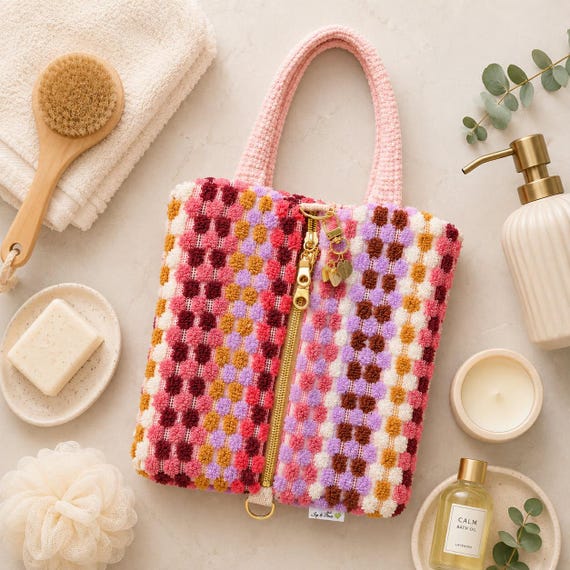 Repurposed Towel Toiletry Bag | Handmade Cosmetic Bag | Boho Makeup Pouch | Pink Check Travel Pouch | Sustainable Zipper Bag