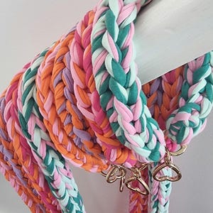 May include: A multi-coloured, braided fabric dog collar in shades of orange, pink, green, and purple. The collar is made of thick, soft material and has gold-coloured metal hardware. The collar is hanging on a white surface.