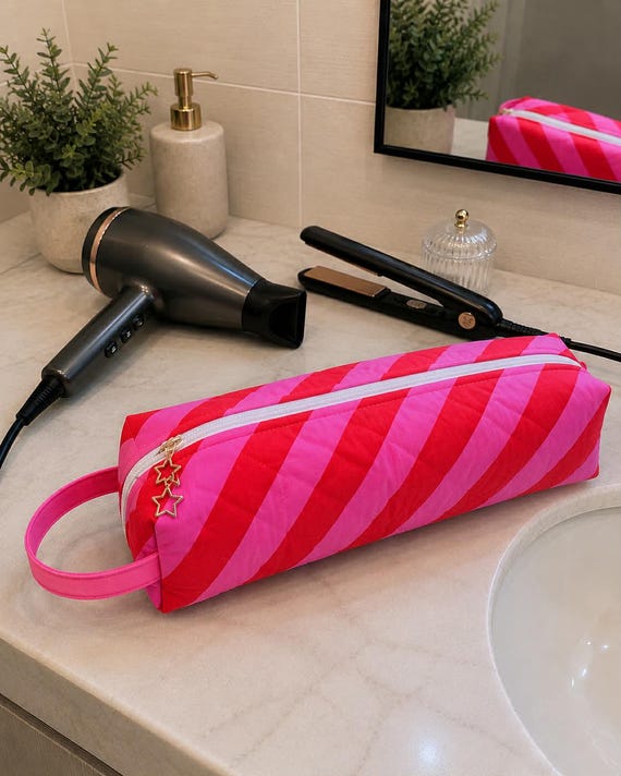 Hot Tools Travel Bag | Hair Straightener & Curling Iron Case | Quilted Heat Safe Storage | Pink Red Stripe Cosmetic Bag