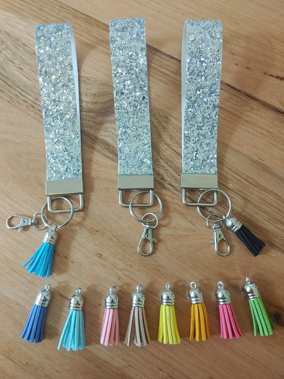 Silver Glitter Key Ring Fob Wristlet | Keychain | Wrist Lanyard | Faux Leather Material | Clasp | Tassel