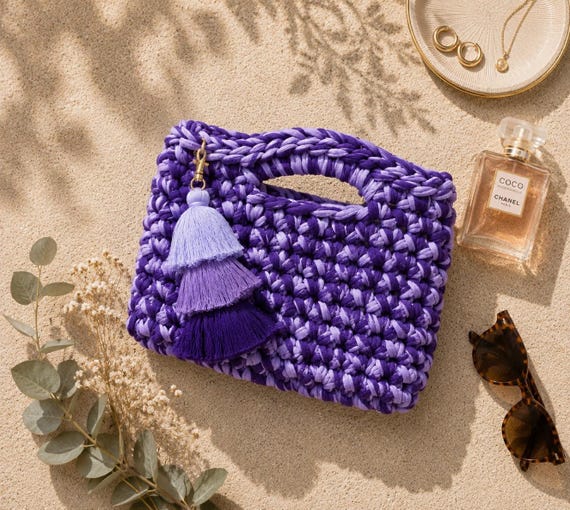 Crochet Clutch Bag | Handbag | Purple Berry Delight | Reclaimed T Shirt Yarn