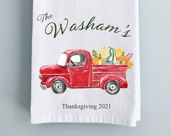 Customized Red Truck Thanksgiving Kitchen Tea Towel